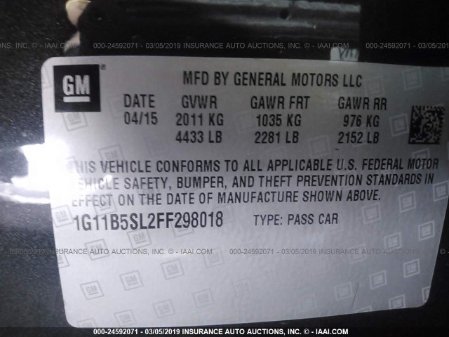 1G11B5SL2FF298018 - 2015 CHEVROLET MALIBU LS GRAY photo 9