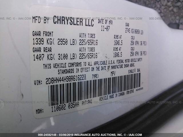 2D8HN44H98R616228 - 2008 DODGE GRAND CARAVAN SE WHITE photo 9