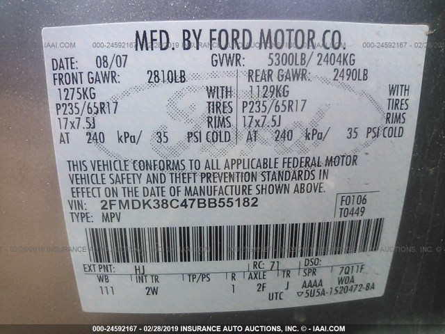 2FMDK38C47BB55182 - 2007 FORD EDGE SEL SILVER photo 9