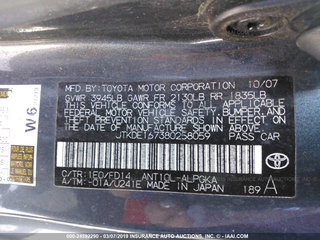 JTKDE167380258059 - 2008 TOYOTA SCION TC შავი ფოტო 9