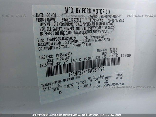 1FAHP35N48W280024 - 2008 FORD FOCUS SE/SEL/SES WHITE photo 9