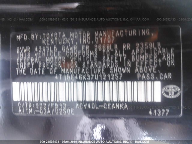 4T1BE46K37U121257 - 2007 TOYOTA CAMRY NEW GENERAT CE/LE/XLE/SE BLACK photo 9