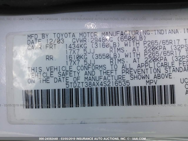 5TDZT38AX4S216535 - 2004 TOYOTA SEQUOIA LIMITED WHITE photo 9