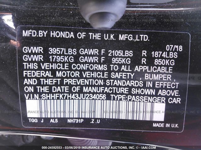 SHHFK7H43JU234056 - 2018 HONDA CIVIC SPORT Negro foto 9