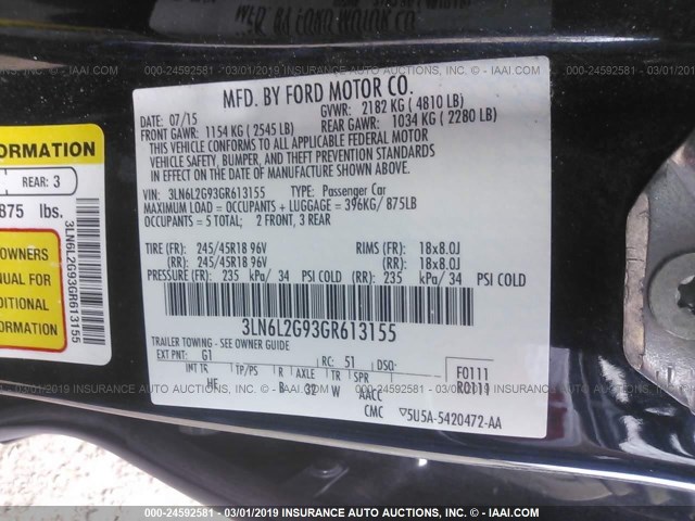 3LN6L2G93GR613155 - 2016 LINCOLN MKZ BLACK photo 9