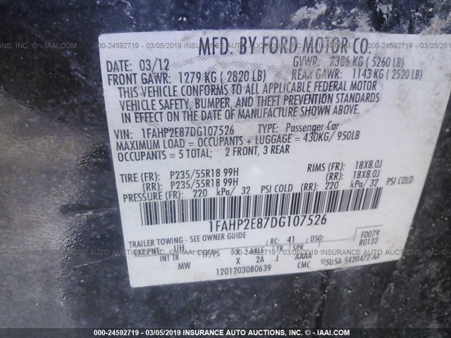 1FAHP2E87DG107526 - 2013 FORD TAURUS SEL BLACK photo 9