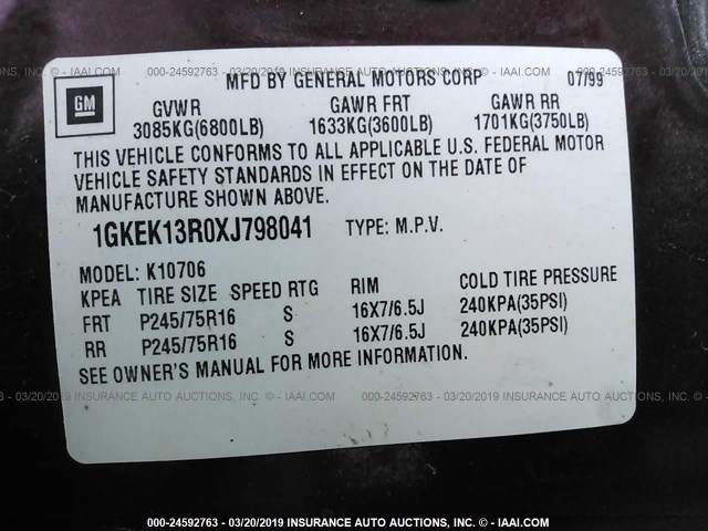 1GKEK13R0XJ798041 - 1999 GMC YUKON MAROON photo 9