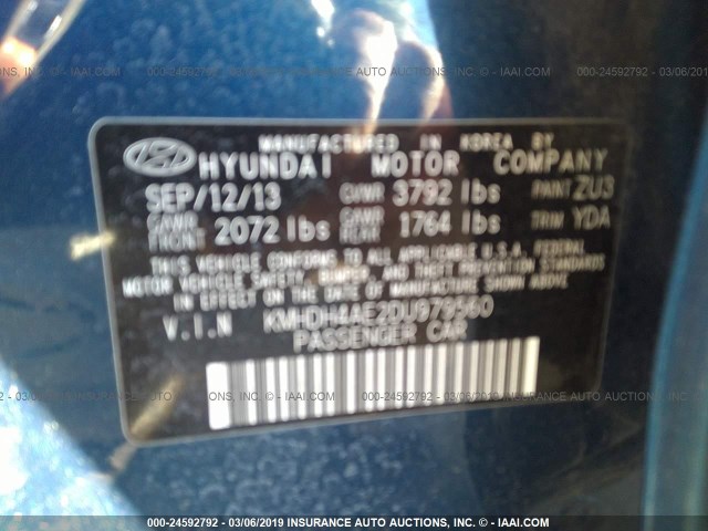 KMHDH4AE2DU979560 - 2013 HYUNDAI ELANTRA GLS/LIMITED BLUE photo 9