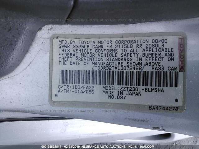 JTDDR32TX10072468 - 2001 TOYOTA CELICA GT SILVER photo 9