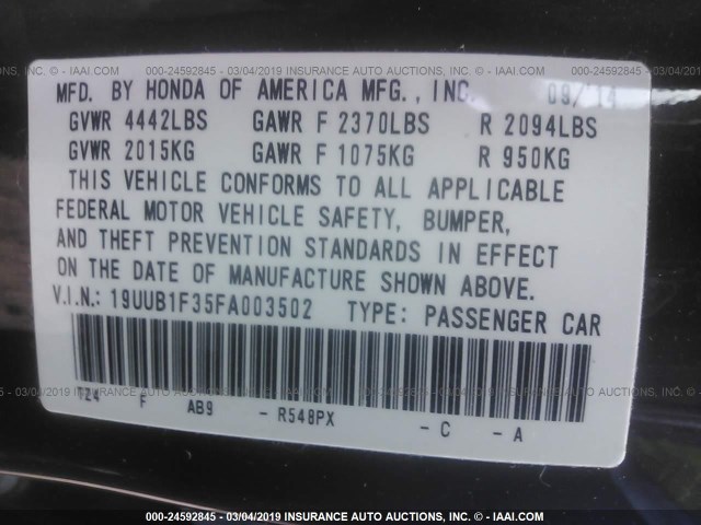 19UUB1F35FA003502 - 2015 ACURA TLX RED photo 9