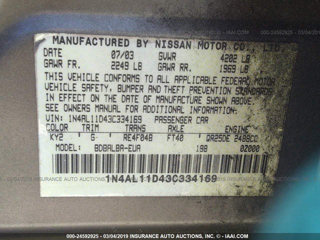 1N4AL11D43C334169 - 2003 NISSAN ALTIMA S/SL GOLD photo 9