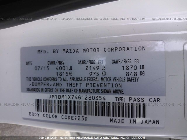 JM1BM1X74G1280354 - 2016 MAZDA 3 GRAND TOURING WHITE photo 9