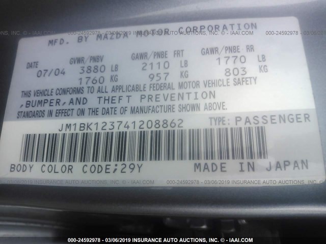 JM1BK123741208862 - 2004 MAZDA 3 S SILVER photo 9