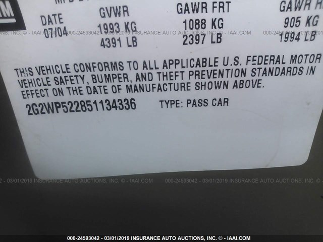 2G2WP522851134336 - 2005 PONTIAC GRAND PRIX GOLD photo 9