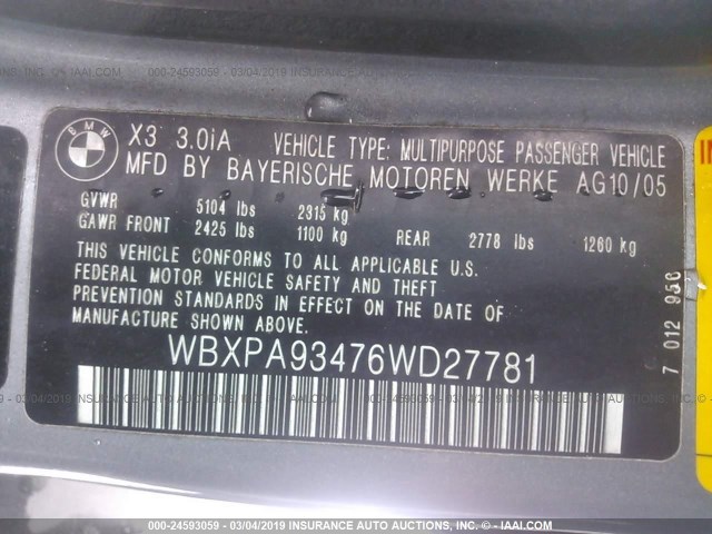 WBXPA93476WD27781 - 2006 BMW X3 3.0I GRAY photo 9