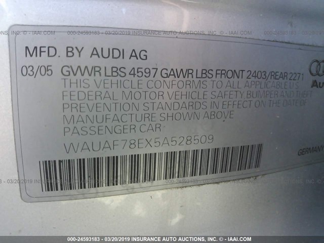 WAUAF78EX5A528509 - 2005 AUDI A4 2.0T SILVER photo 9