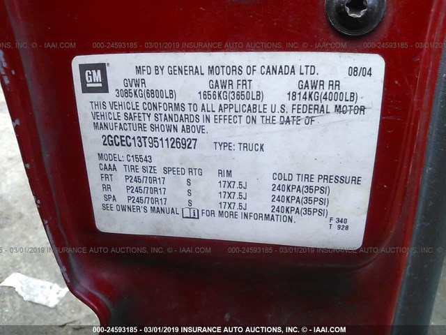 2GCEC13T951126927 - 2005 CHEVROLET SILVERADO C1500 RED photo 9