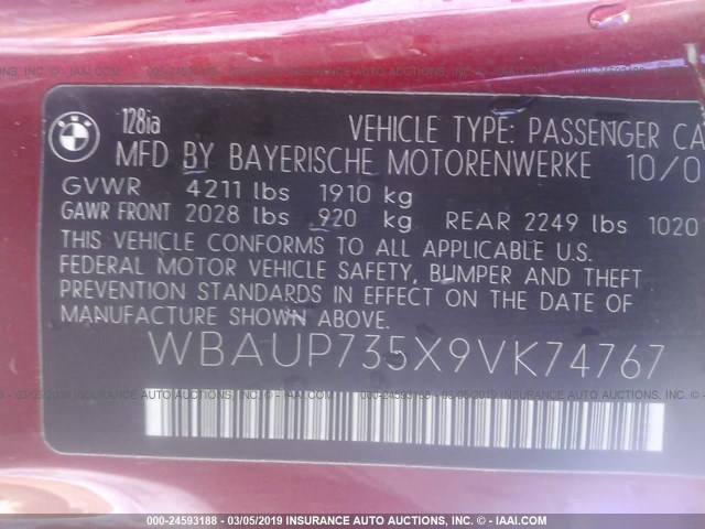 WBAUP735X9VK74767 - 2009 BMW 128 I RED photo 9