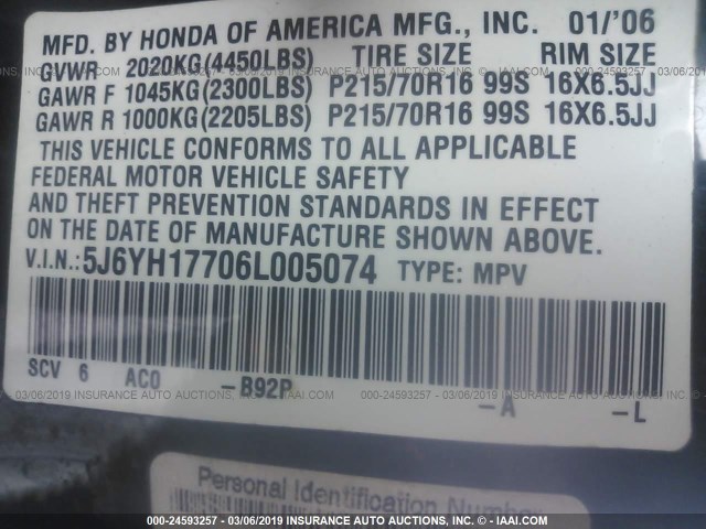 5J6YH17706L005074 - 2006 HONDA ELEMENT EX BLACK photo 9