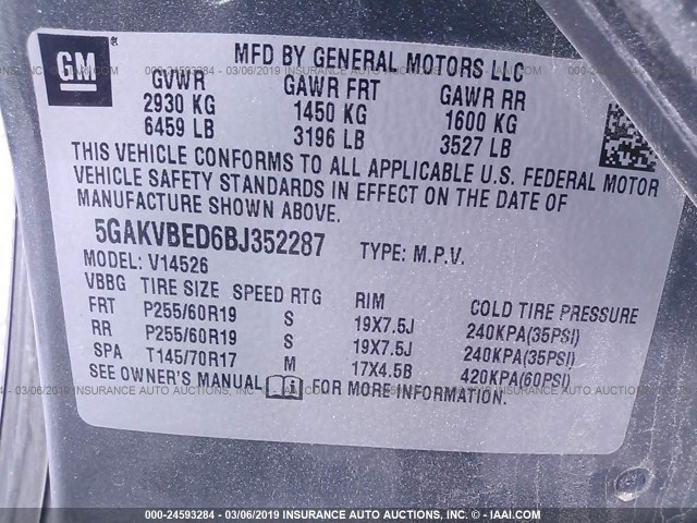 5GAKVBED6BJ352287 - 2011 BUICK ENCLAVE CXL GRAY photo 9