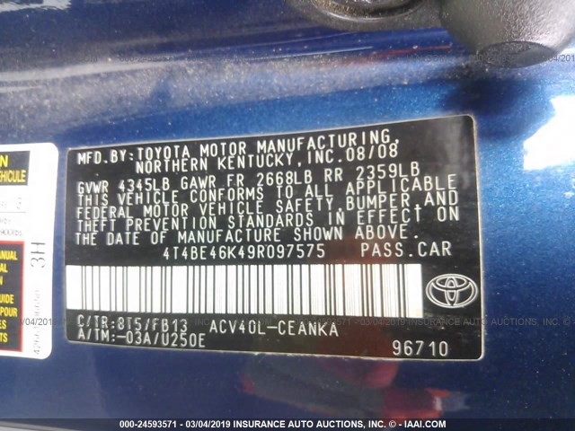 4T4BE46K49R097575 - 2009 TOYOTA CAMRY SE/LE/XLE ლურჯი ფოტო 9