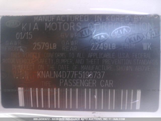 KNALN4D77F5193737 - 2015 KIA CADENZA PREMIUM/LIMITED WHITE photo 9