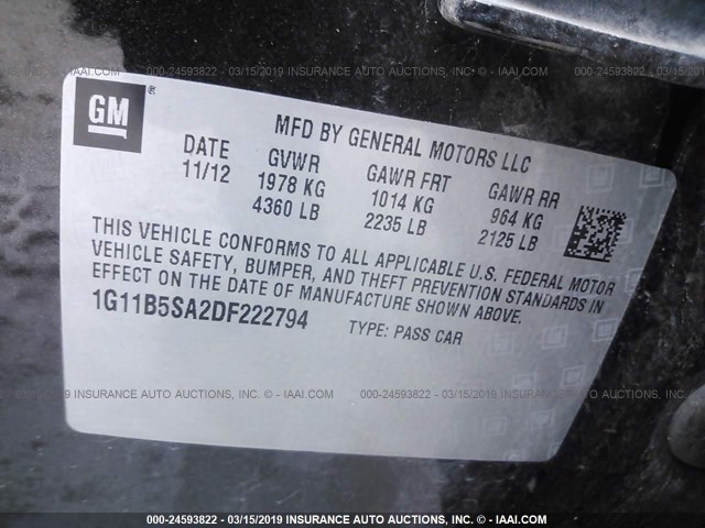 1G11B5SA2DF222794 - 2013 CHEVROLET MALIBU LS Qara foto 9