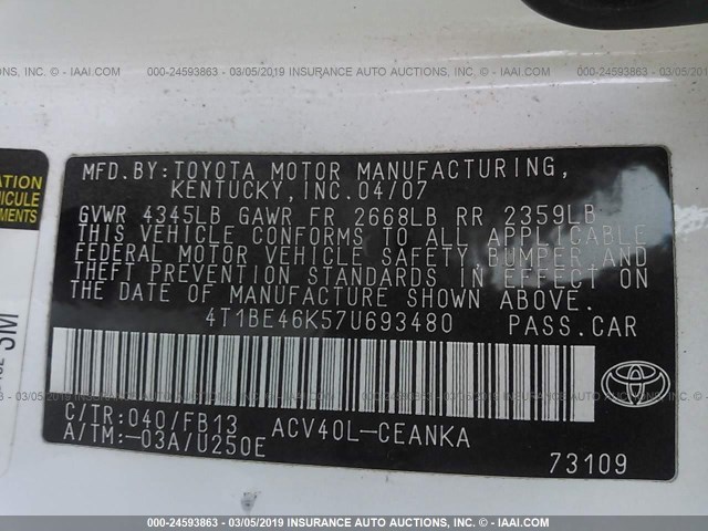 4T1BE46K57U693480 - 2007 TOYOTA CAMRY NEW GENERAT CE/LE/XLE/SE WHITE photo 9