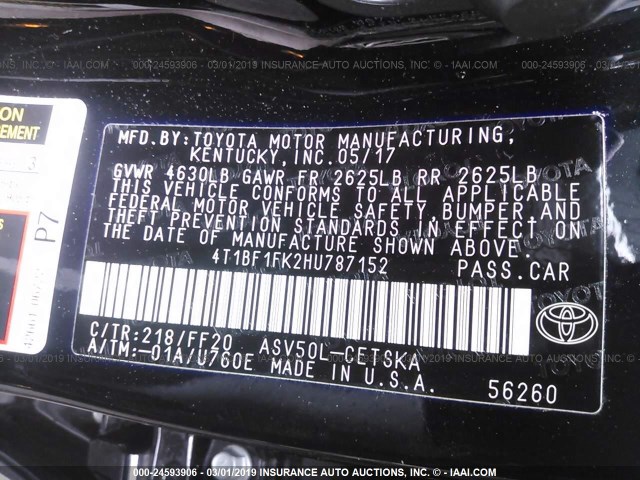 4T1BF1FK2HU787152 - 2017 TOYOTA CAMRY LE/XLE/SE/XSE შავი ფოტო 9