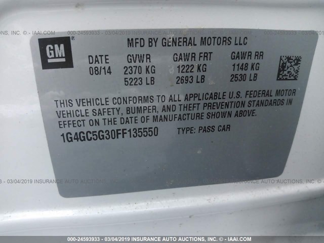 1G4GC5G30FF135550 - 2015 BUICK LACROSSE WHITE photo 9