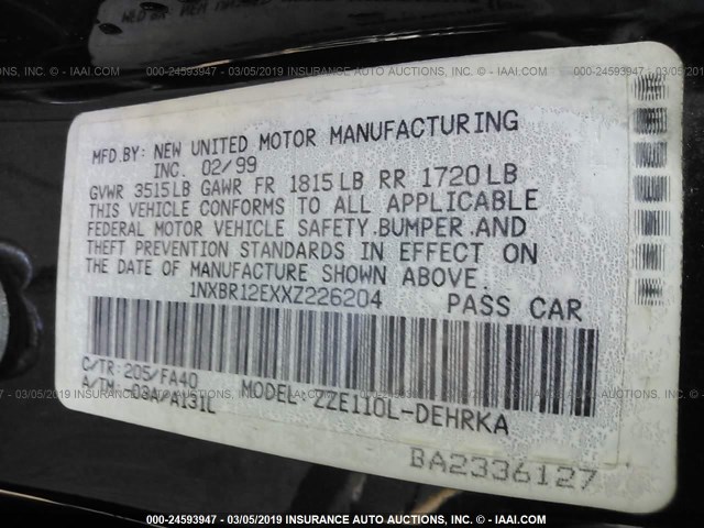 1NXBR12EXXZ226204 - 1999 TOYOTA COROLLA VE/CE/LE 黑色 照片 9