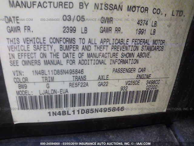 1N4BL11D85N495846 - 2005 NISSAN ALTIMA SE/SL/SE-R BLUE photo 9