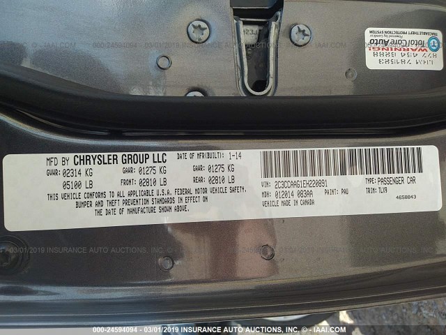 2C3CCAAG1EH220891 - 2014 CHRYSLER 300 GRAY photo 9