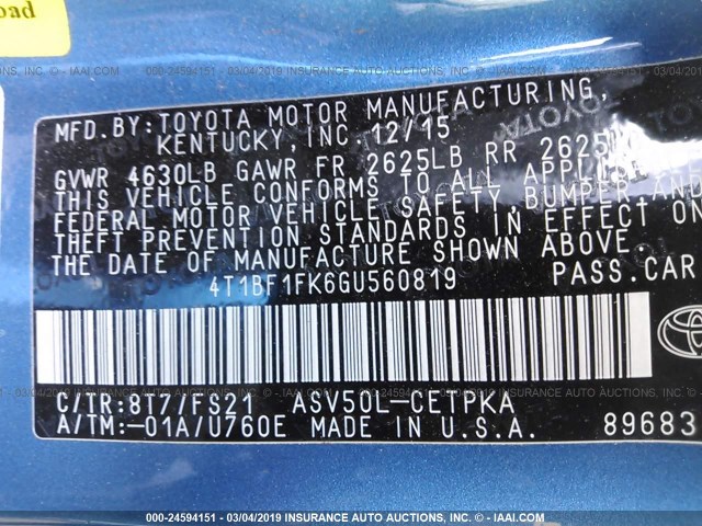 4T1BF1FK6GU560819 - 2016 TOYOTA CAMRY LE/XLE/SE/XSE 蓝色 照片 9