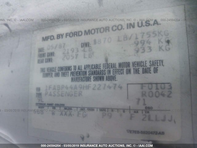 1FABP44A9HF227474 - 1987 FORD MUSTANG LX WHITE photo 9