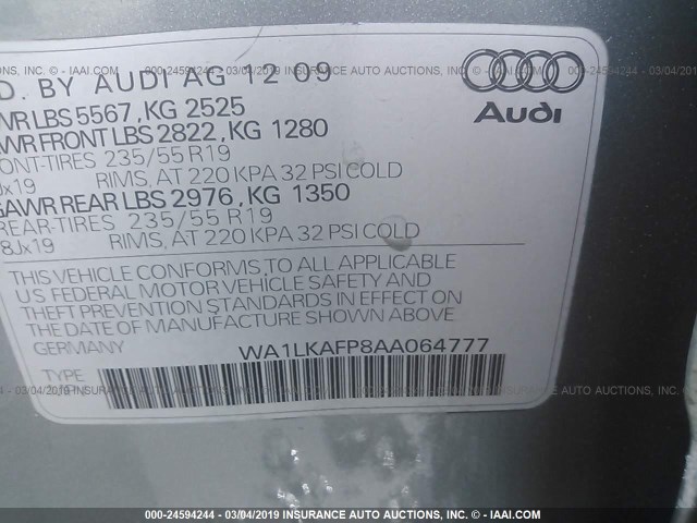 WA1LKAFP8AA064777 - 2010 AUDI Q5 PREMIUM PLUS GRAY photo 9