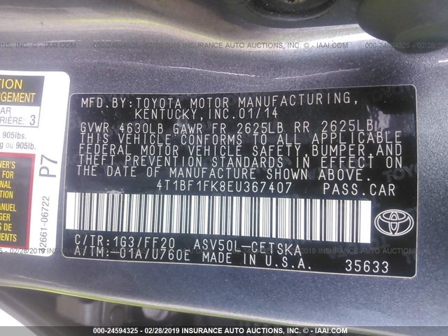 4T1BF1FK8EU367407 - 2014 TOYOTA CAMRY L/SE/LE/XLE Boz foto 9