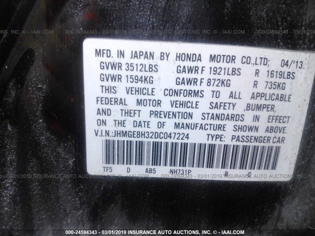 JHMGE8H32DC047224 - 2013 HONDA FIT BLACK photo 9