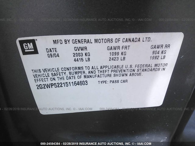 2G2WP522151164603 - 2005 PONTIAC GRAND PRIX GRAY photo 9