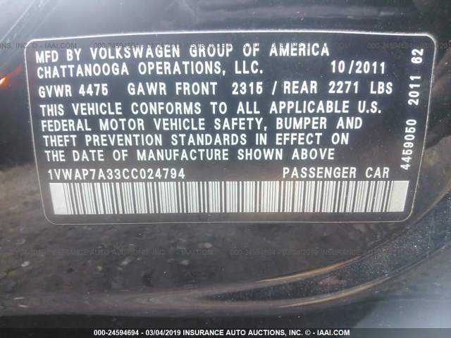 1VWAP7A33CC024794 - 2012 VOLKSWAGEN PASSAT S BLACK photo 9