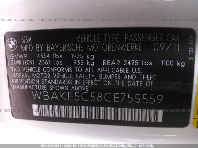 WBAKE5C58CE755559 - 2012 BMW 328 I SULEV WHITE photo 9