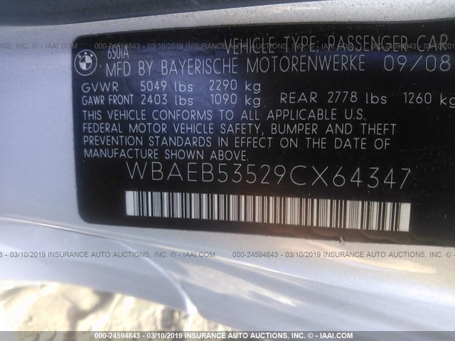 WBAEB53529CX64347 - 2009 BMW 650 I SILVER photo 9