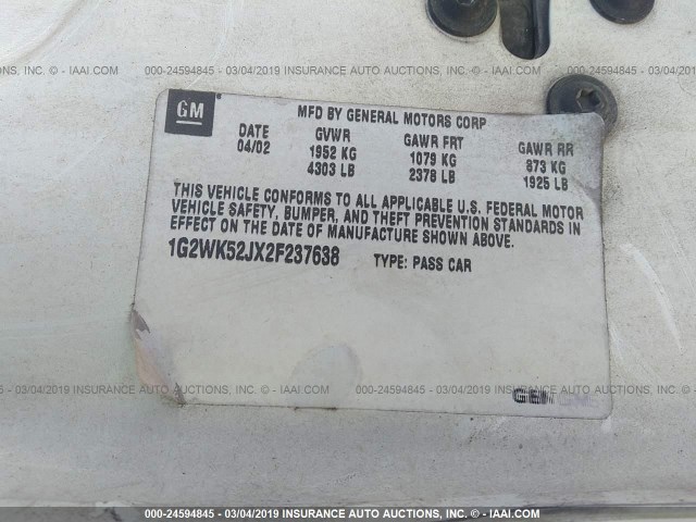 1G2WK52JX2F237638 - 2002 PONTIAC GRAND PRIX SE 白色 照片 9