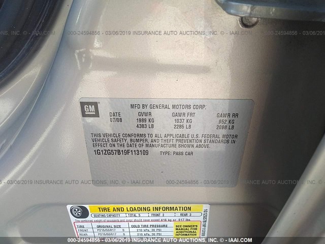 1G1ZG57B19F113109 - 2009 CHEVROLET MALIBU LS GOLD photo 9