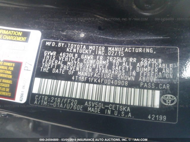 4T1BF1FK4FU040908 - 2015 TOYOTA CAMRY LE/XLE/SE/XSE შავი ფოტო 9