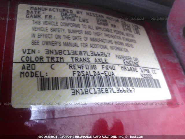 3N1BC13E87L366267 - 2007 NISSAN VERSA S/SL RED photo 9