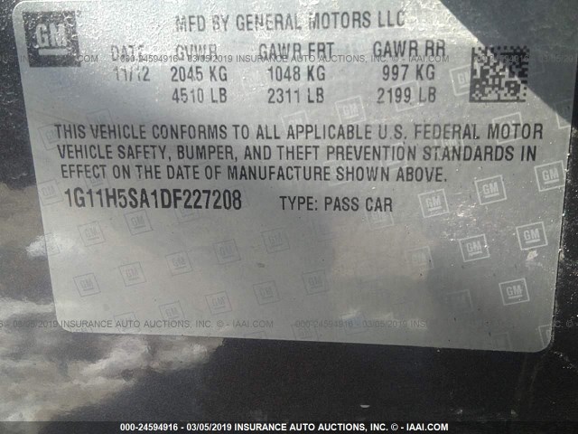 1G11H5SA1DF227208 - 2013 CHEVROLET MALIBU LTZ ნაცრისფერი ფოტო 9