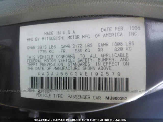 4A3AJ56G3WE102579 - 1998 MITSUBISHI GALANT ES/LS GRAY photo 9