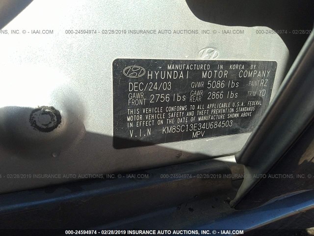 KM8SC13E34U684503 - 2004 HYUNDAI SANTA FE GLS/LX SILVER photo 9