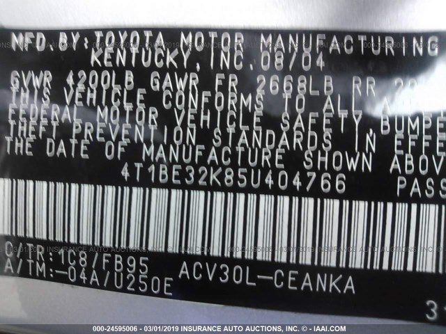 4T1BE32K85U404766 - 2005 TOYOTA CAMRY LE/XLE/SE SILVER photo 9